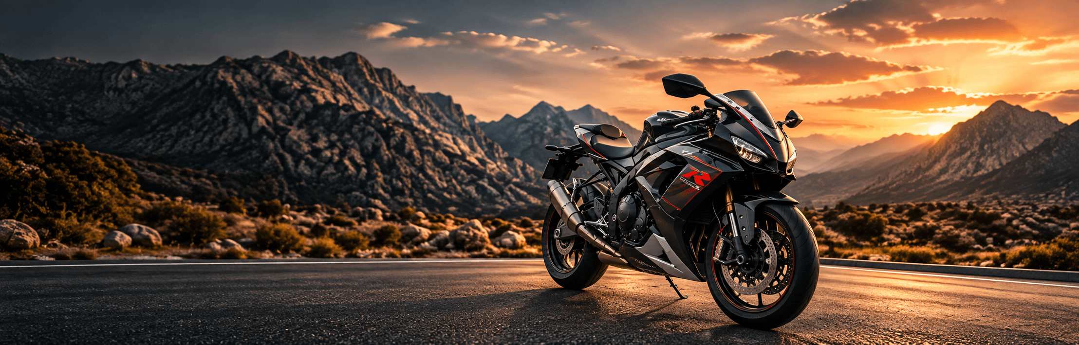 Sport motorcycle on an open mountain road at sunset