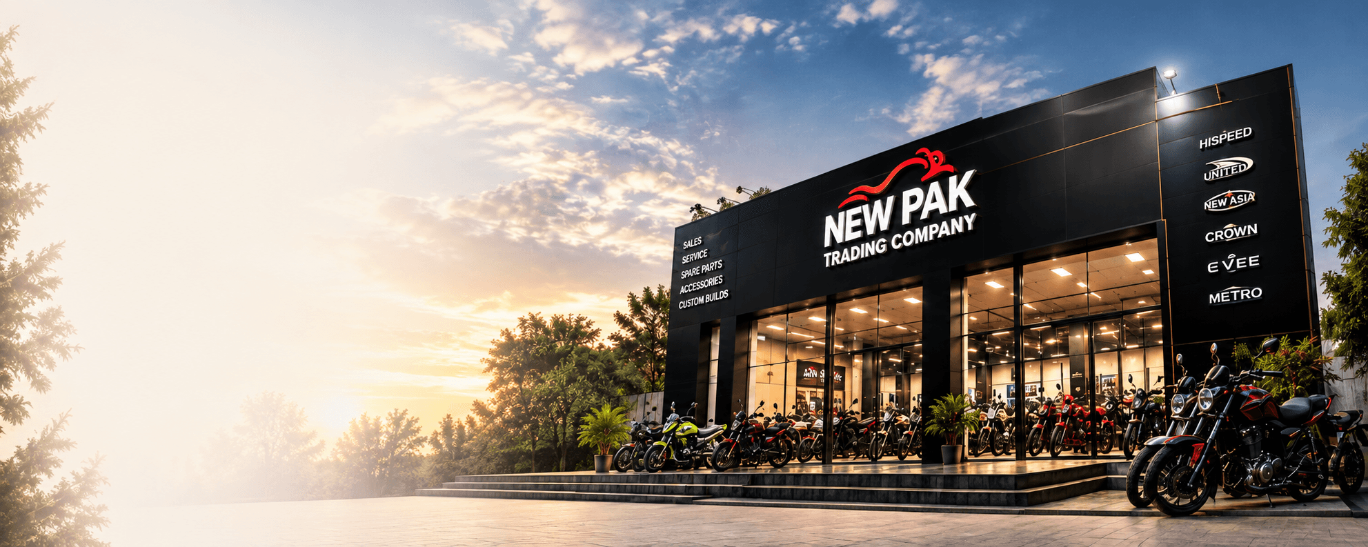New Pak Trading Company showroom in Rawalpindi with motorcycles on the forecourt