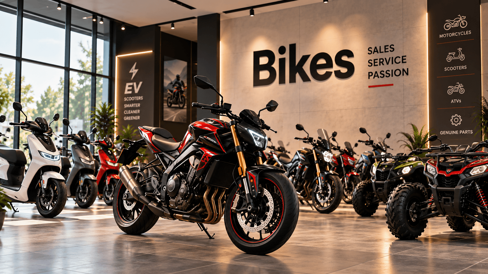 Motorcycle showroom at New Pak Trading Company — street, sports, and touring bikes