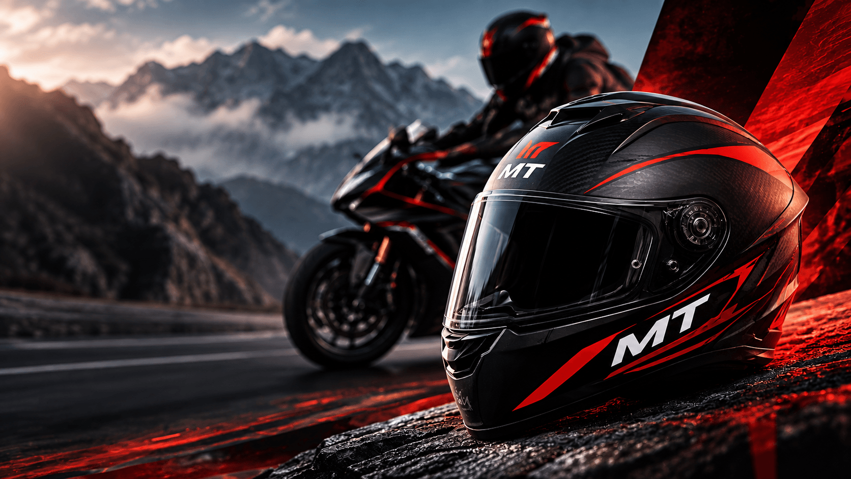 MT motorcycle helmet on a mountain road at dusk