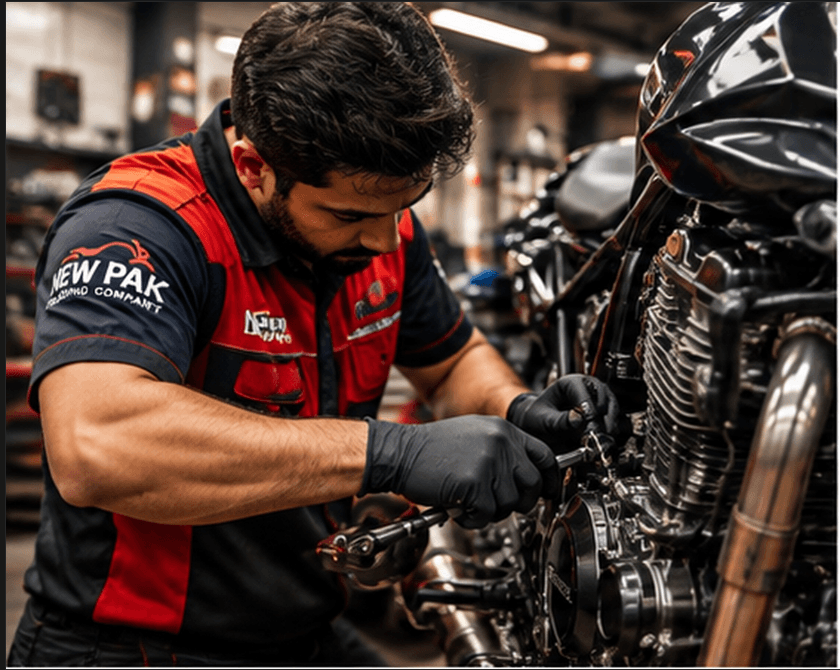 New Pak Trading Company technician in a branded uniform servicing a motorcycle engine in the Rawalpindi workshop