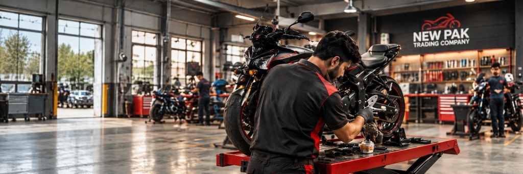 New Pak Trading Company technician servicing a black motorcycle on a lift in the Rawalpindi workshop