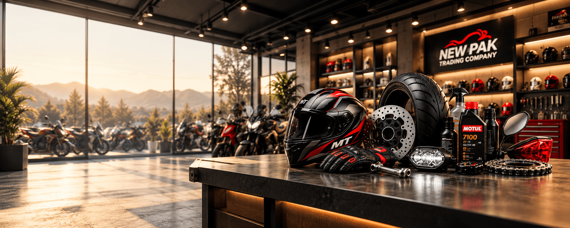 Motorcycle parts, helmets, tyres and accessories arranged for the New Pak store